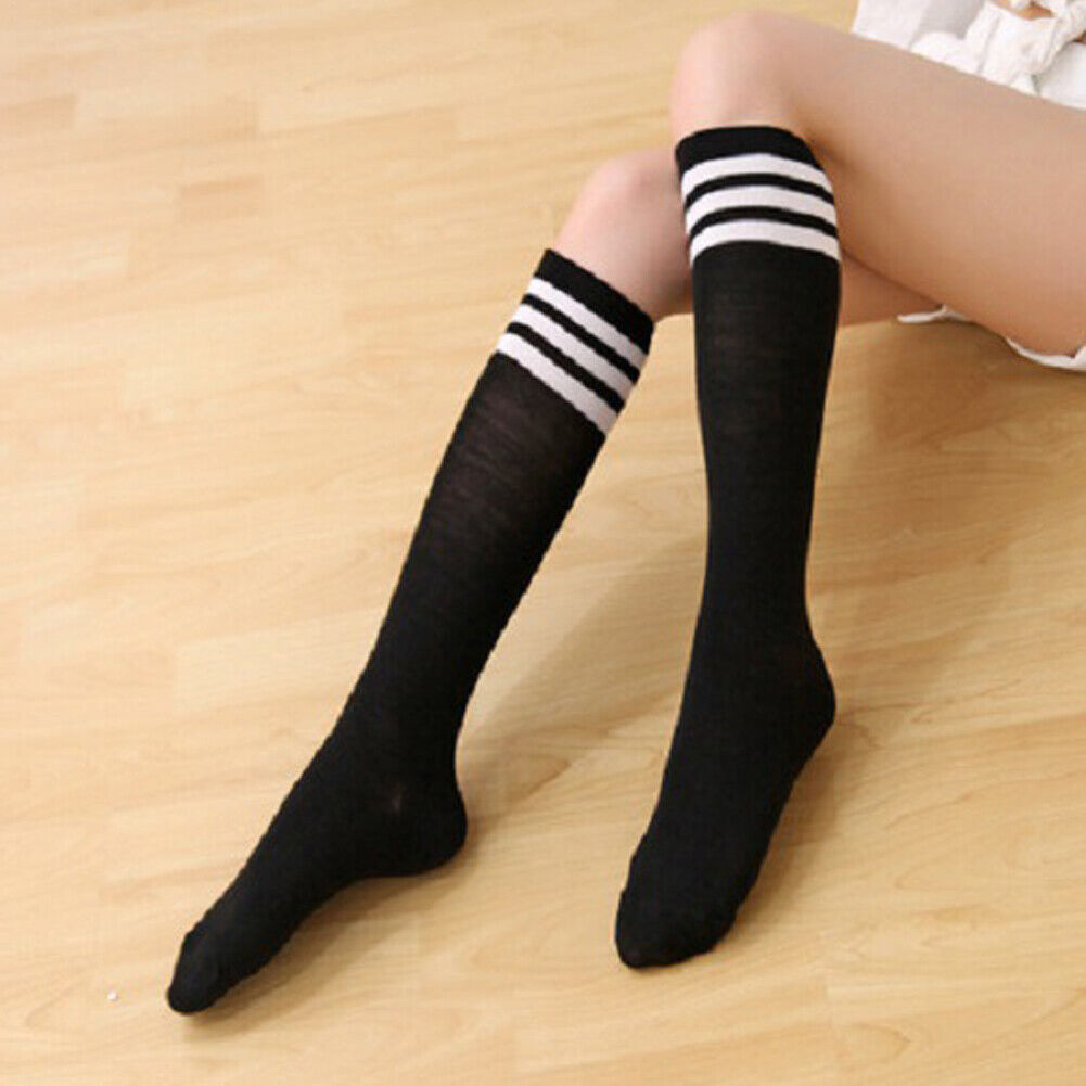 US 5-10 Pairs 13.7 Inch Striped Tube Socks Non-Slip Ribbed Cuffs Knee High Socks