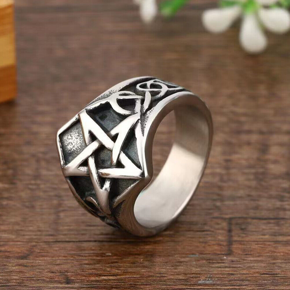 US 2-4 Pcs Mens Celtic Wiccan Pagan Pentagram Star Ring Stainless Steel Size