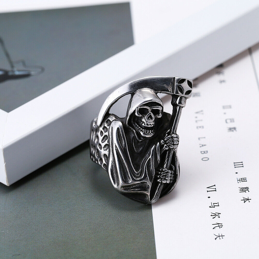 US 2 Pack Mens Biker Goth Death Skull Grim Reaper Ring Stainless Steel Size 8-12