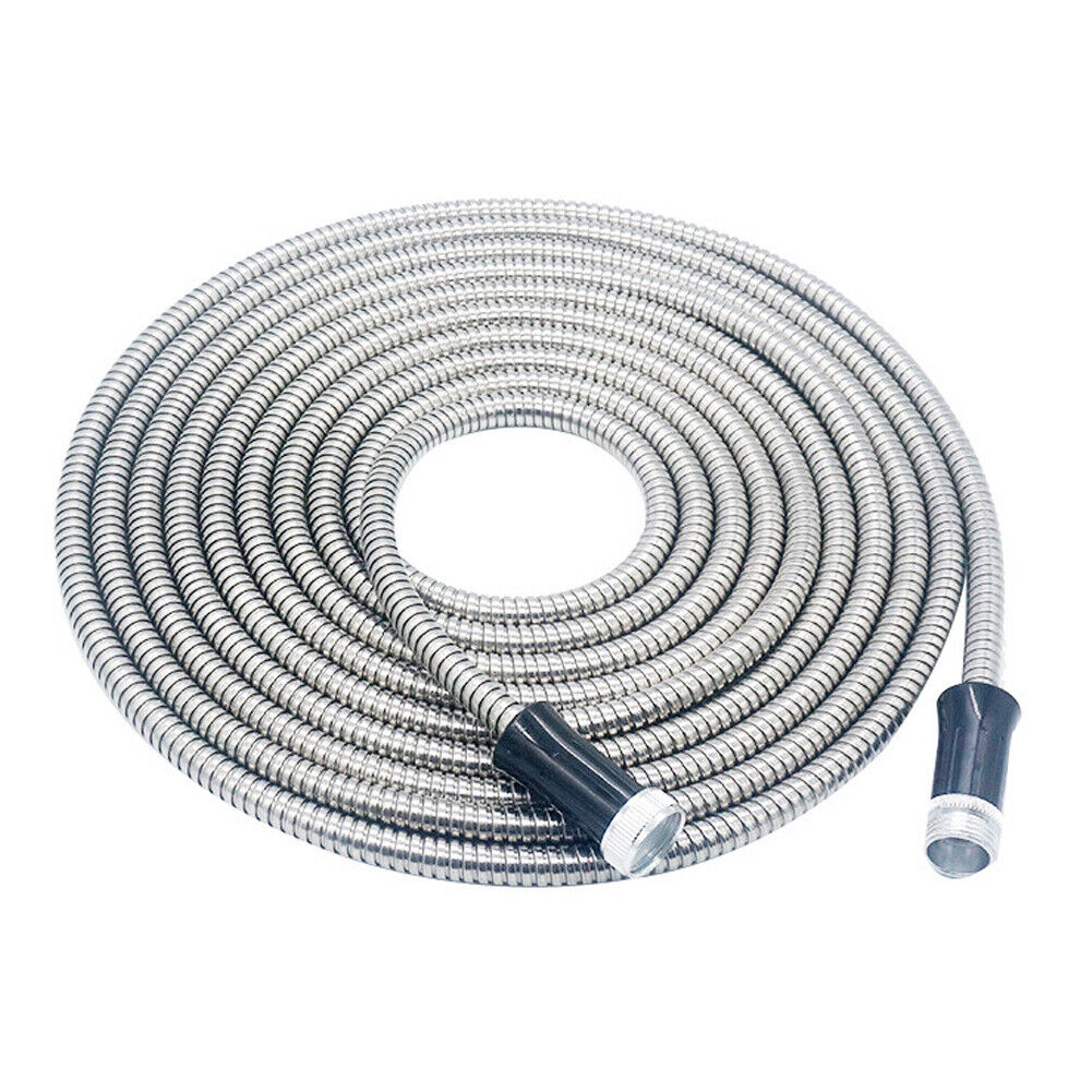 US 50FT 304 Stainless Steel Water Hose Pipe Metal Garden Pipe Connector