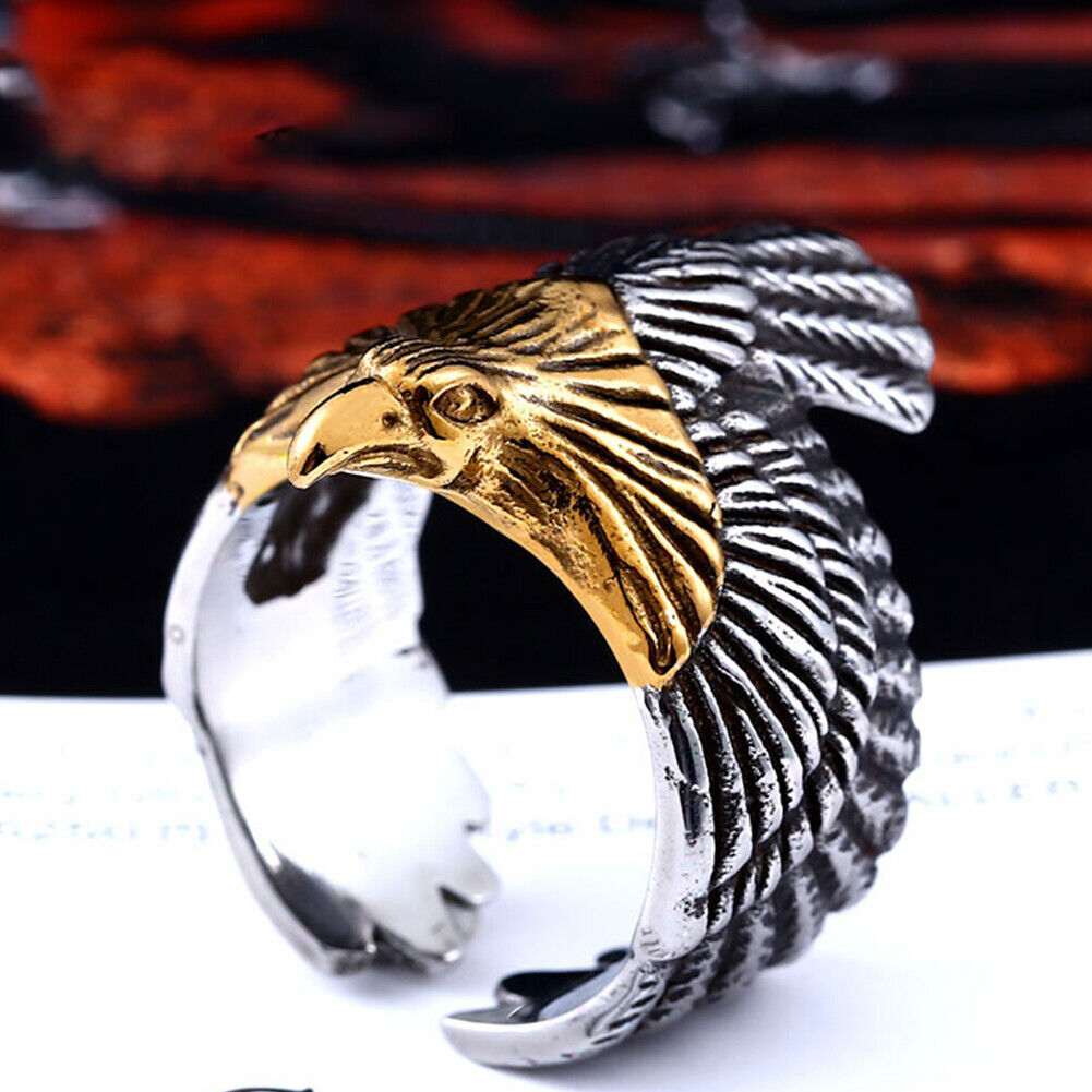 US Mens Stainless Steel Gold Plated Eagle Head Bird Biker Ring Men Size 8-11
