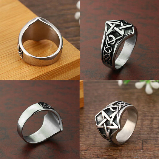 US 2-4 Pcs Mens Celtic Wiccan Pagan Pentagram Star Ring Stainless Steel Size