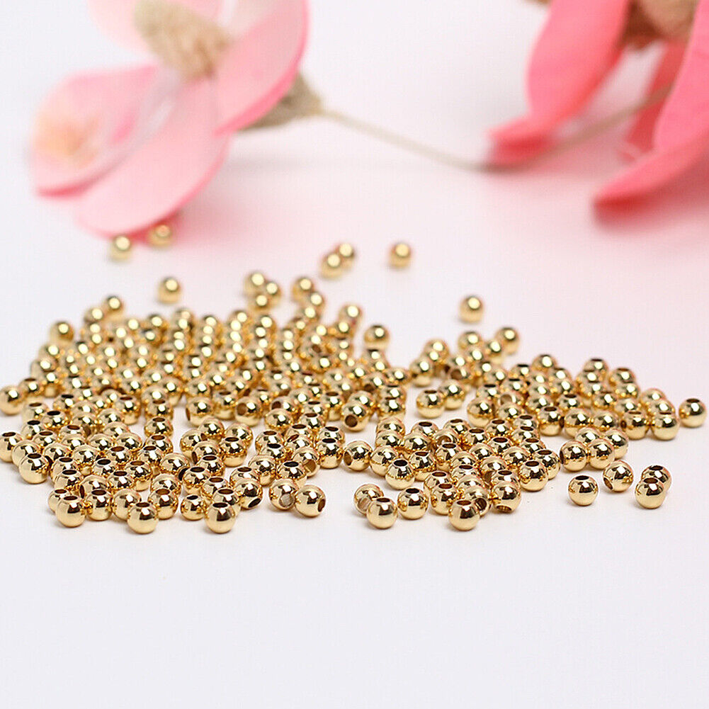 US 300~600 Pcs 3+4+6mm 14K Gold Plated Beads Smooth Round Metal Ball Brass Beads