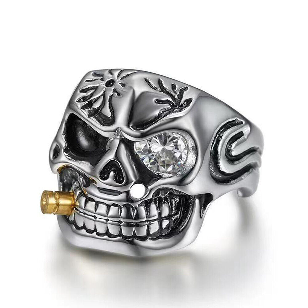 US 1-2Pc Goth Men Biker Punk CZ Smoking Skull Ring Men Stainless Steel Size 8-12