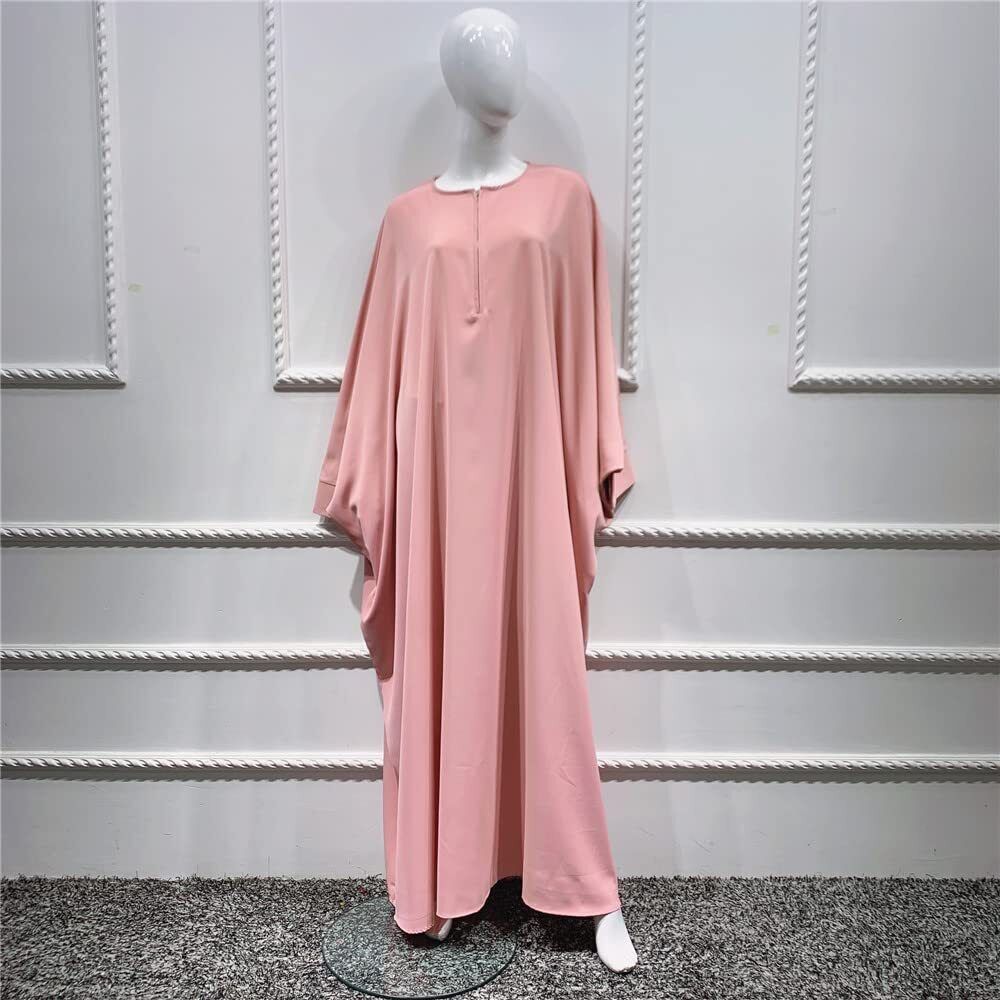 Women Muslim One-Piece Loose Crewneck Long Dress  Plus Thobe with Zipper