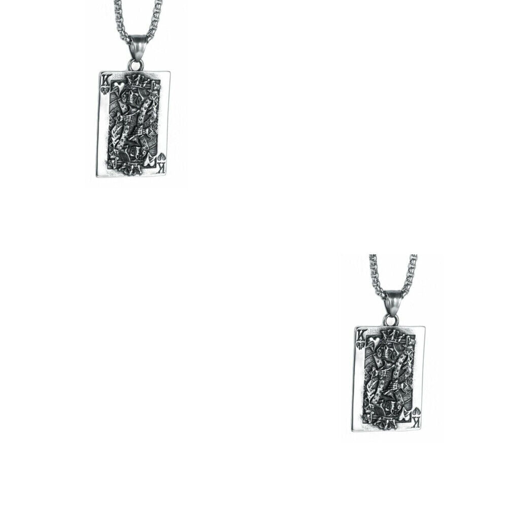 US 1-2 Pcs Gothic Retro Skull Lucky King Heart Poker Card Pendant Necklace Chain
