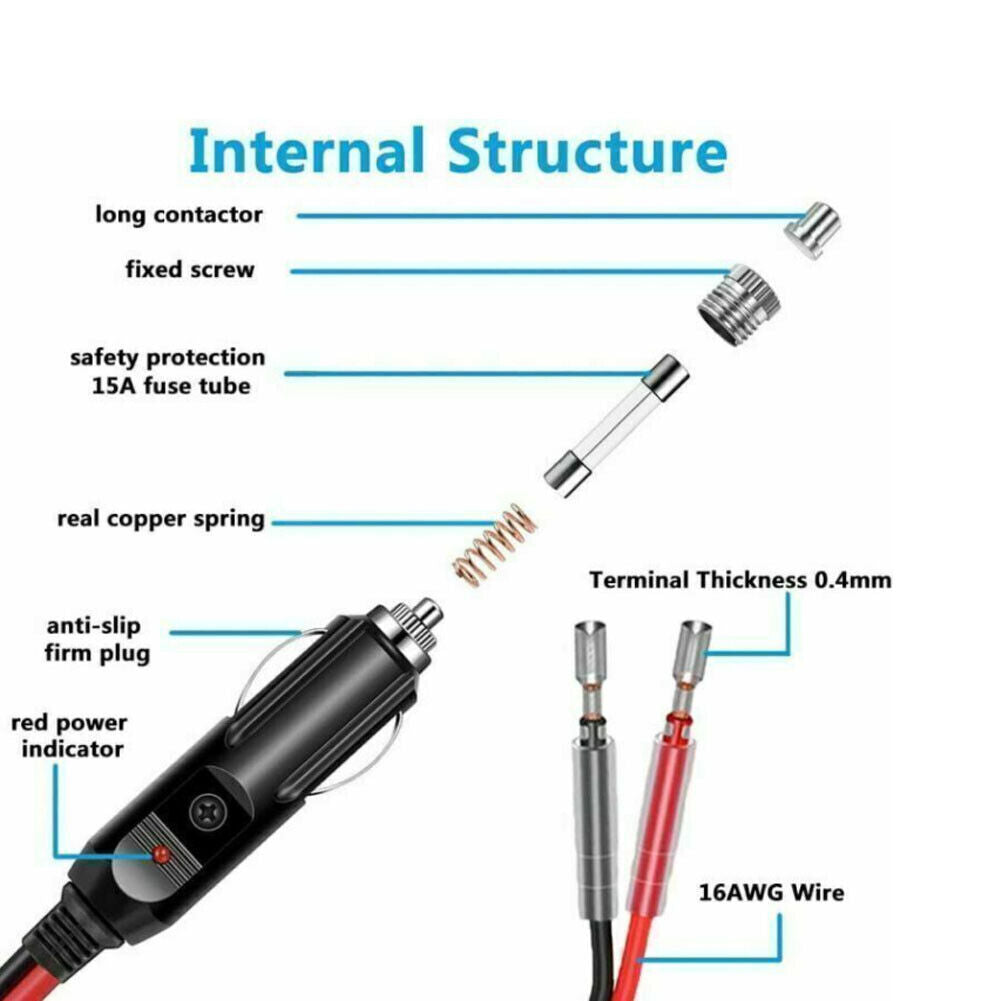 US 1-2 Pc 12V Extension Cord Fused Lighter Male Plug Leads LED Light Replacement