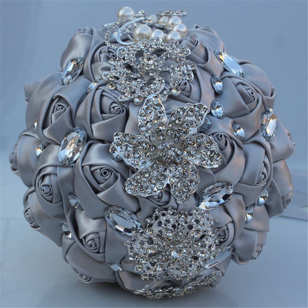 Bride Holding Bouquet Ribbon Rose Flowers Wedding Bouquet Rhinestone Brooch