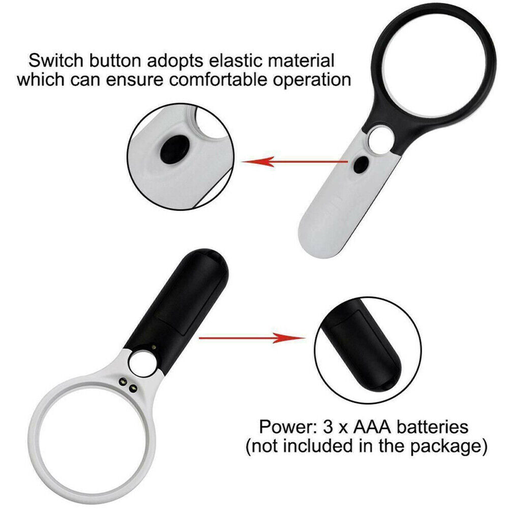 US 2-4 Pc 3-LED Light Magnifier Jewelry Loupe Lens 45X Handheld Magnifying Glass