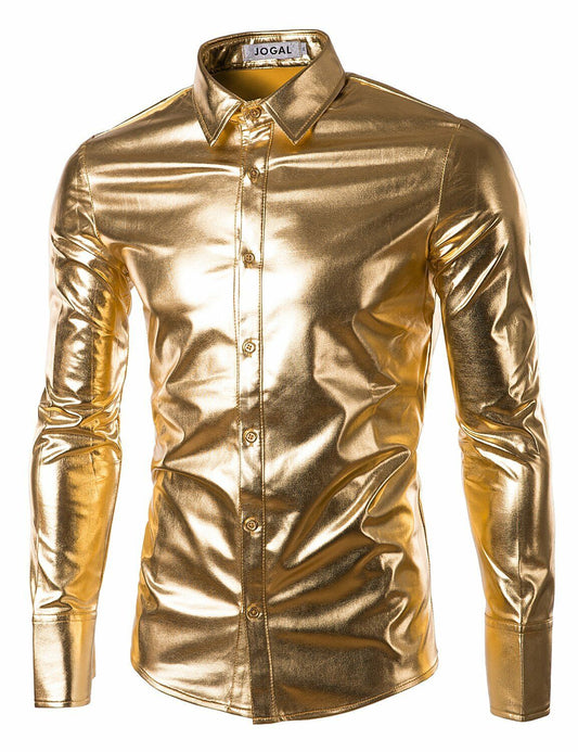 JOGAL Men's Trend Nightclub Styles Metallic Silver Long Sleeve Button Down Shirt