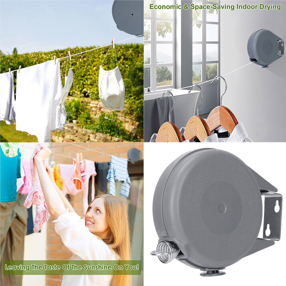 US 49 Ft Retractable Clothes Line Portable Hanging Dryer Adjustable Rope String