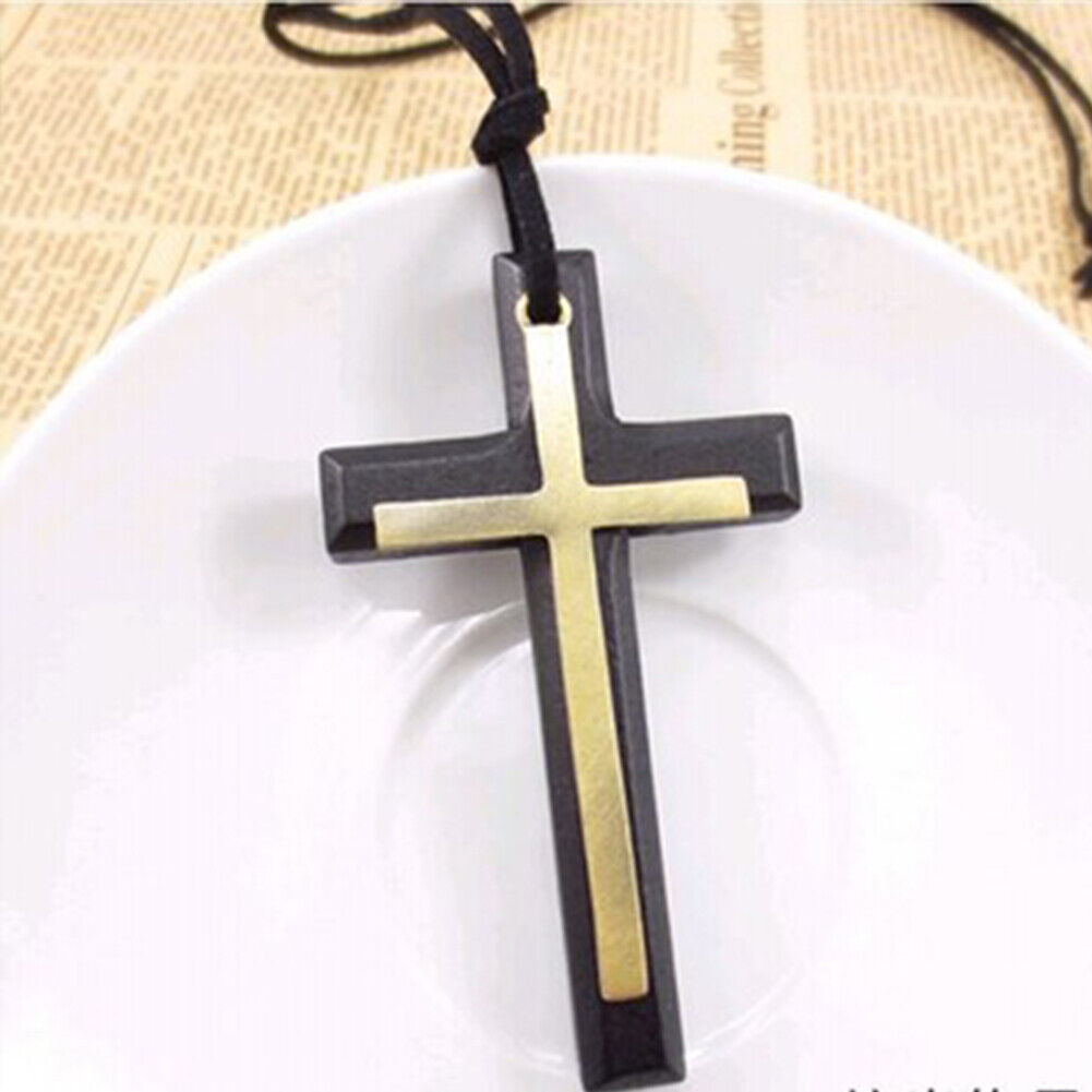 US 1-2 Pack Wood Wooden Cross Long Pendant Adjustable Christian Necklace Unisex