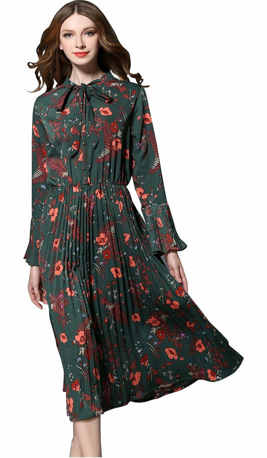 Women's Vintage Floral Printed Lotus Sleeves Elastic Waist  Cocktail Dress