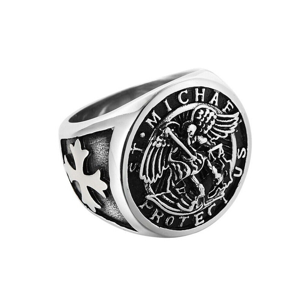 US 1-2 Pack Saint Michael Archangel Ring Vintage Stainless Steel Faith Bands Men
