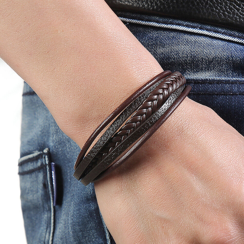 US 2-4 Pc Multi Layer Braided Leather Bracelet Adjustable Stainless Steel Clasp