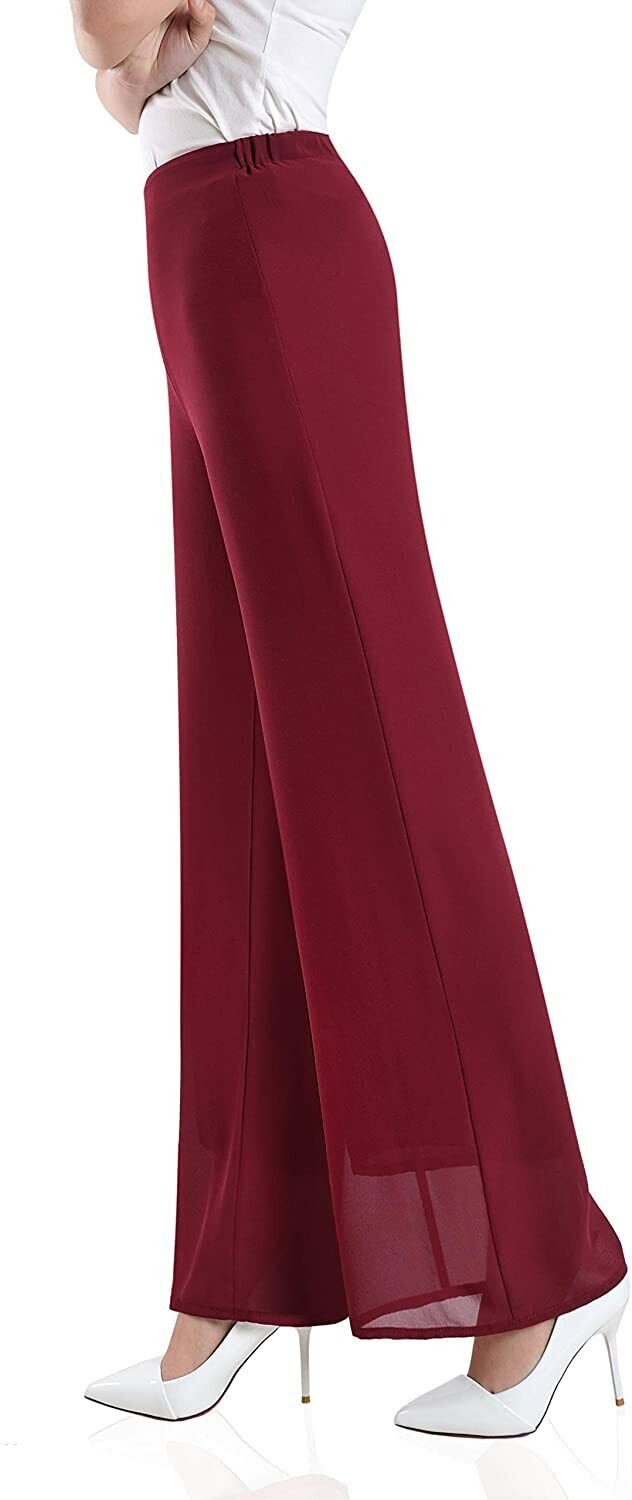 Womens Chiffon Elastic Waist Fold-Over Elephant Flare Wide Leg Trousers Pants