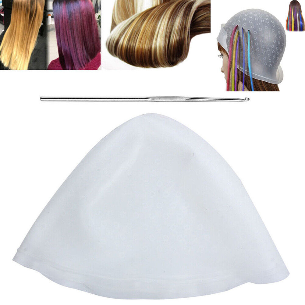 US 1-2 Pack Reusable Silicone Dye Hat Cap + Hook for Hair Coloring Highlighting