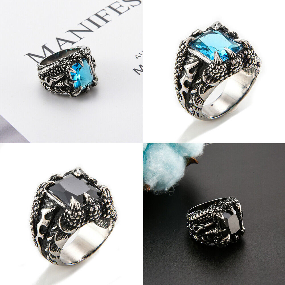 US 2 Pack Mens Stainless Steel Biker Black Onyx Dragon Claw Ring For Men