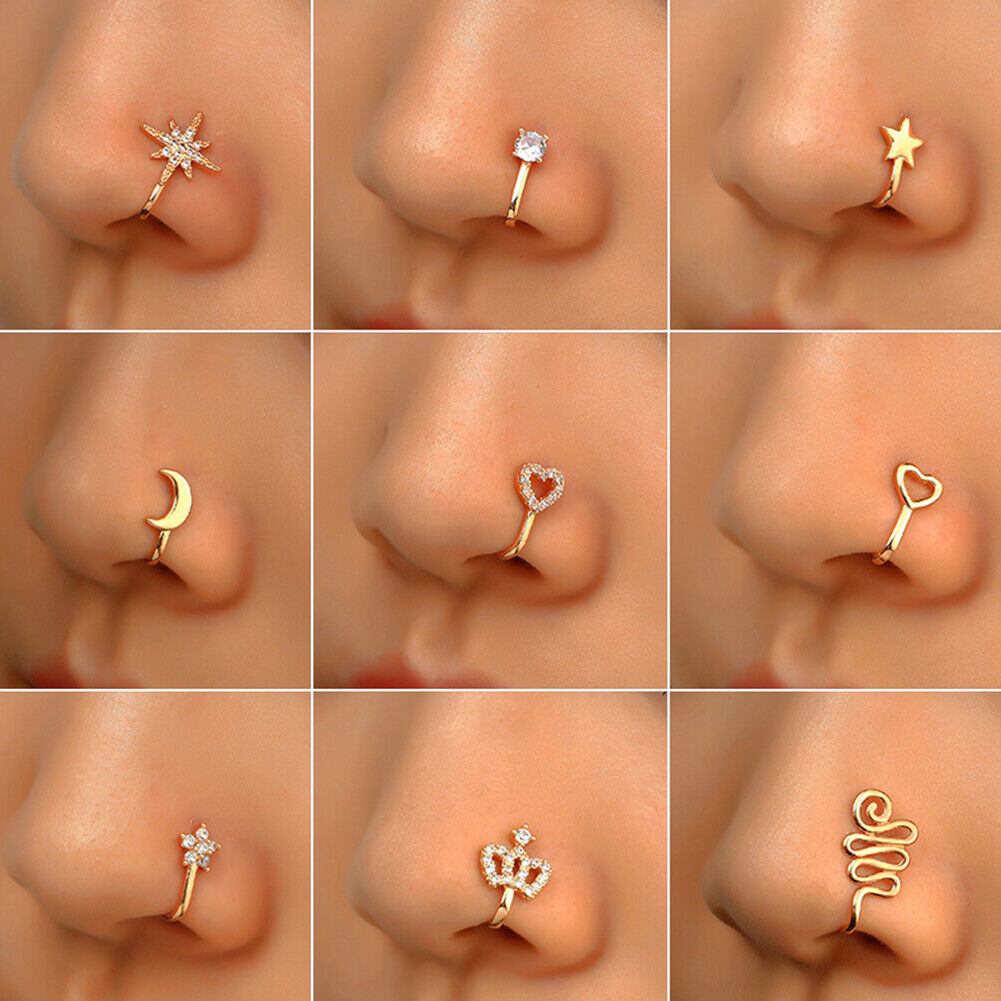 US 2 Pcs Star Heart Crown Nose Ring Copper Durable Fake Non-Pierced Nose Clip