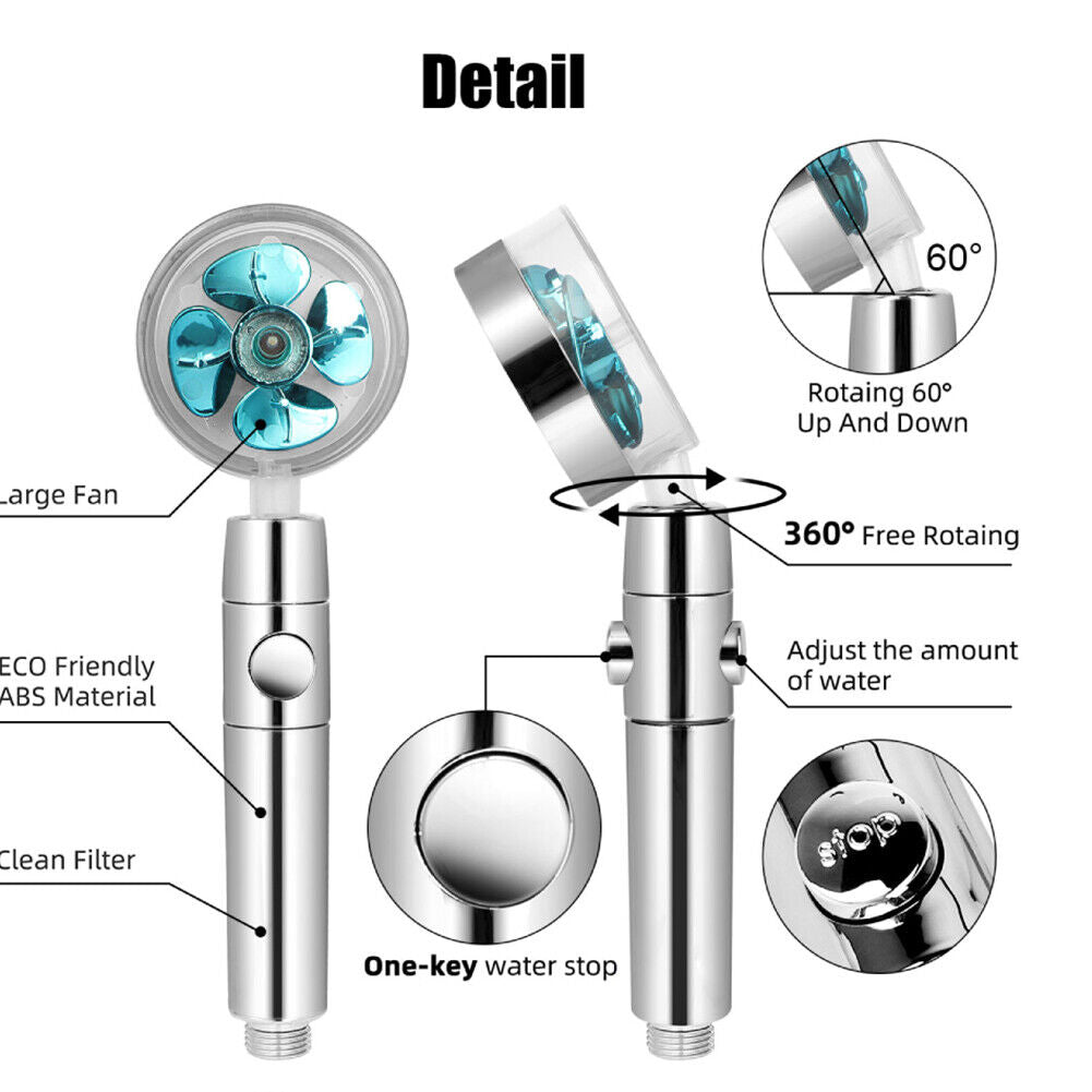 US Water Saving Flow 360 Spinning High Pressure Nozzle Shower Head w/ Turbo Fan