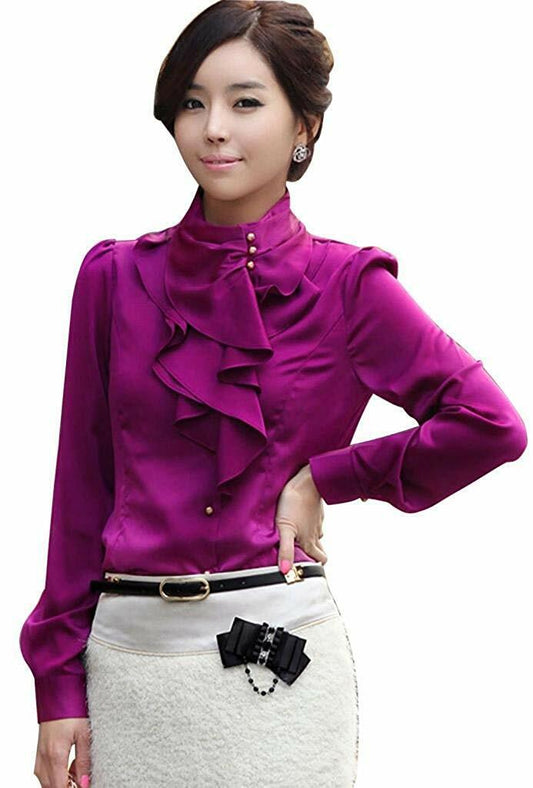 Women's Chiffon OL Ruffle Founcing Front Shirt Long Sleeve Blouse