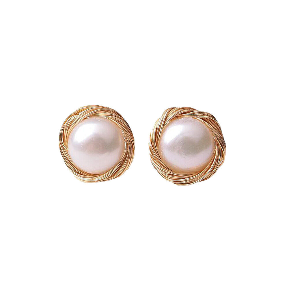 US 8~10mm Natural Freshwater Pearl Earrings 14K Gold Plated Studs Wedding Gifts