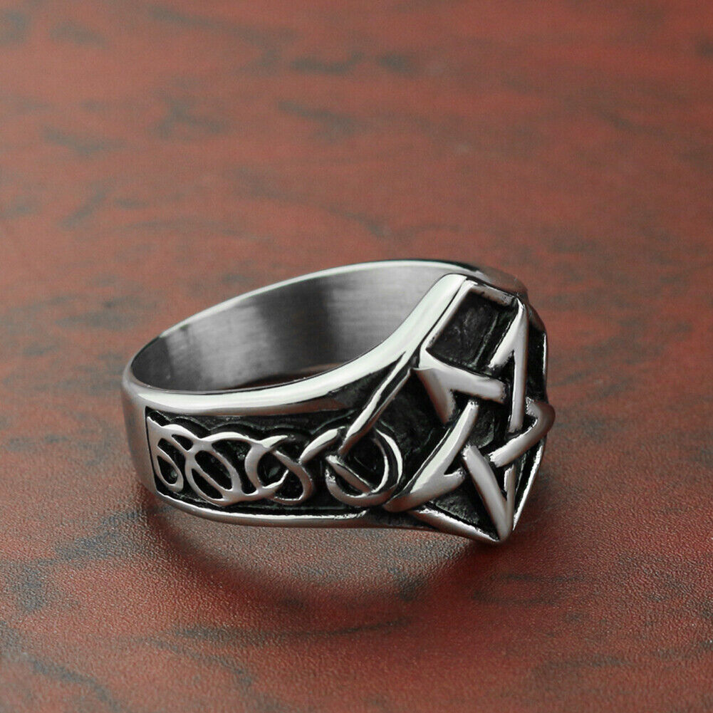 US 2-4 Pcs Mens Celtic Wiccan Pagan Pentagram Star Ring Stainless Steel Size