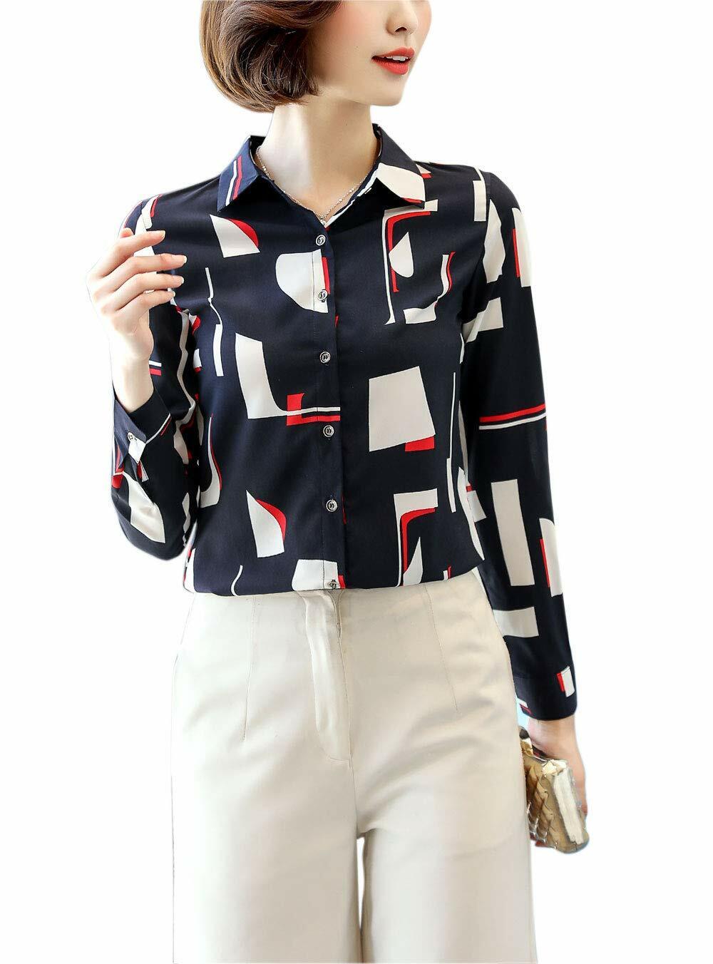 Women's Button Down Long Sleeve Printed Shirt Tailored Blouse