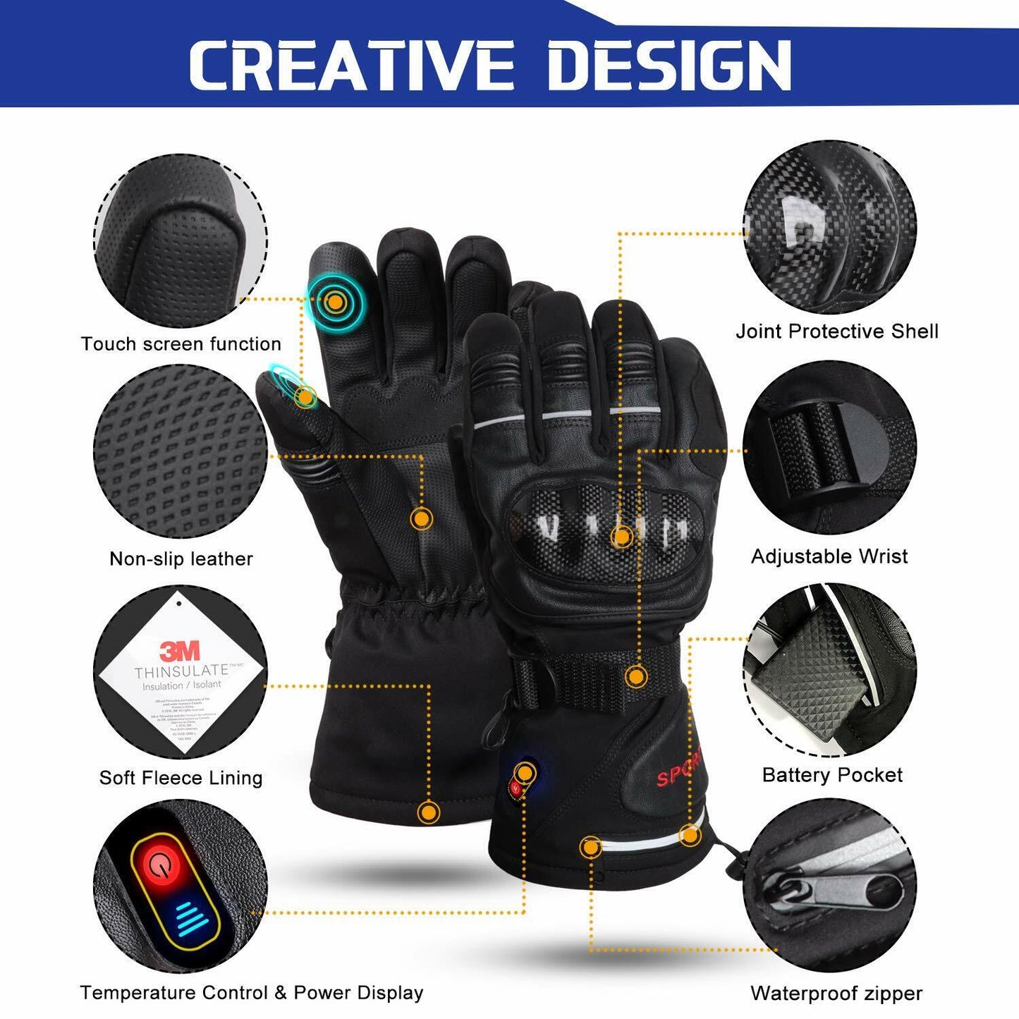 Rechargeable Heated Leather Gloves with Knuckle Protection Motorcycle Ski Riding