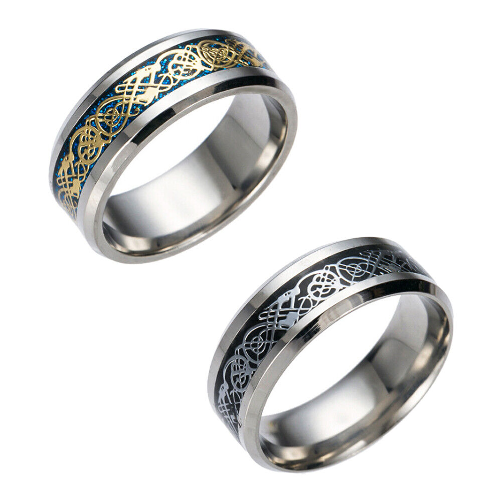 US 2-4 Pc Mens Celtic Blue Stainless Steel Dragon Wedding Band Ring Men Women