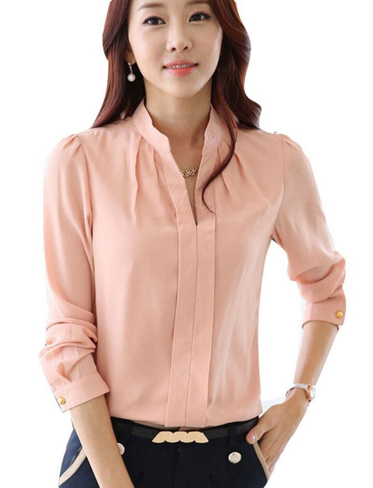 Womens Chiffon V-Neck Pullover Tops Pleated Slim Long Sleeve Work Blouse