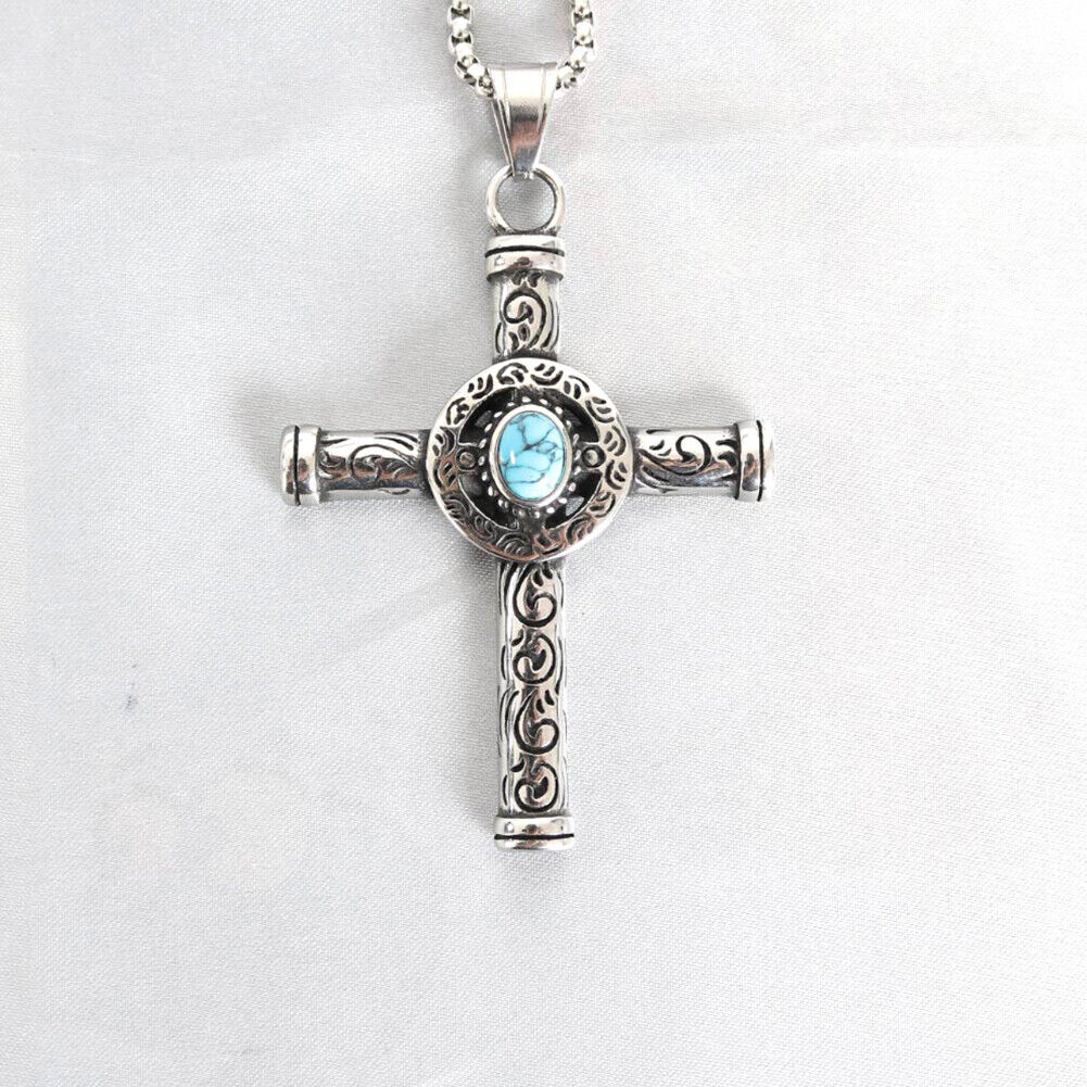 US Men Celtic Norse Turquoise Cross Stainless Steel Necklace Gothic Pendant