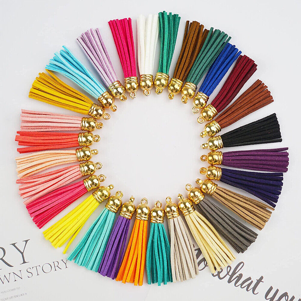 US 100Pc 30 Colors 1.6 inches Leather Tassels Keychain Charms DIY Multicolored