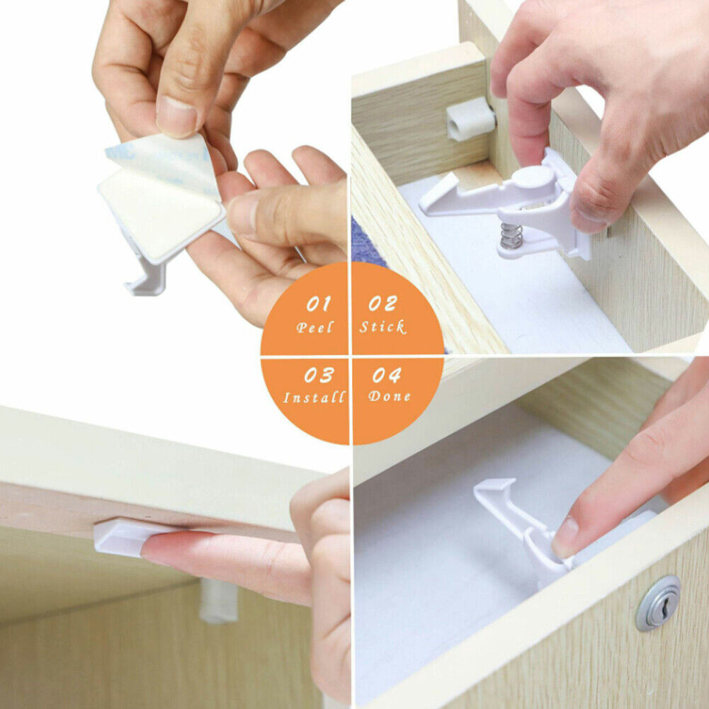 US 10-20 Pcs Set Baby Safety Cabinet Locks NO Drilling Adhesive Latches Drawer