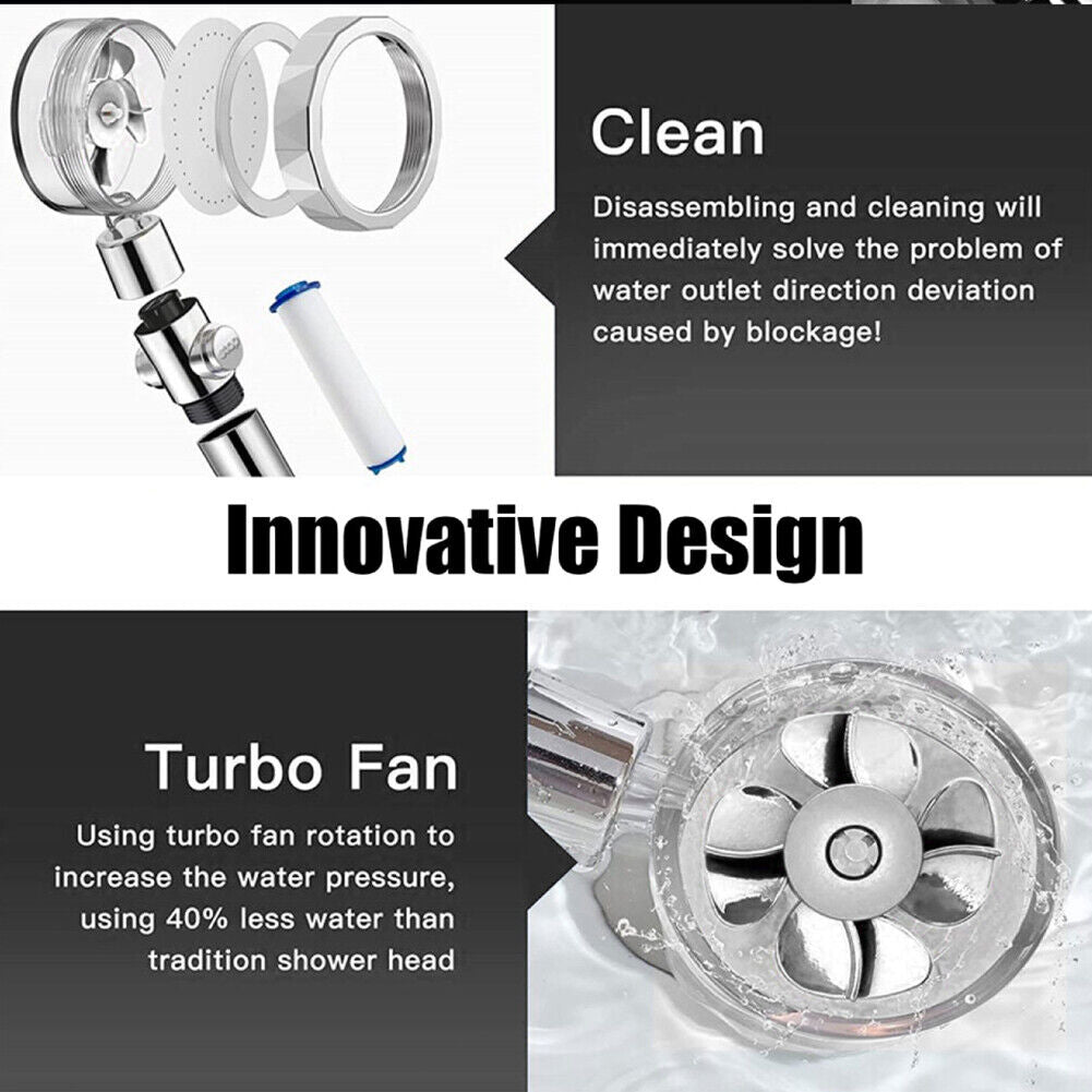 US Water Saving Flow 360 Spinning High Pressure Nozzle Shower Head w/ Turbo Fan