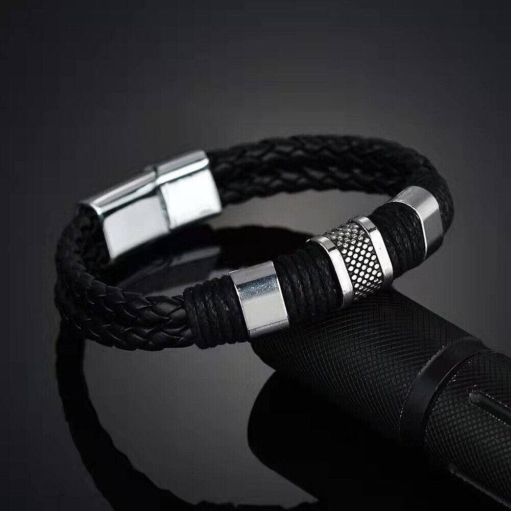 US 2-4 Leather Titanium Steel Braided Magnetic Clasp Bracelet Bangle Wrist Cuff