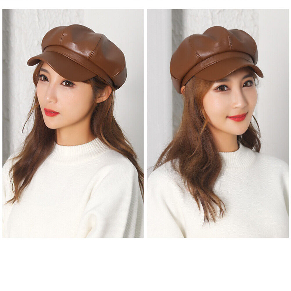 US 1-2Pc Women's PU Leather Plain Fineboy Cap Cabbie Visor Painter Hat Beret Hat
