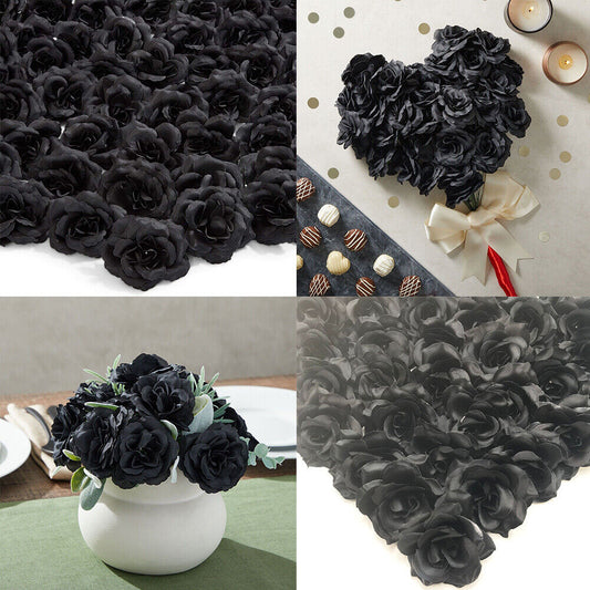 US 50-100Pc Artificial Black Rose Stemless Silk Flower Decoration Wedding 2.36''
