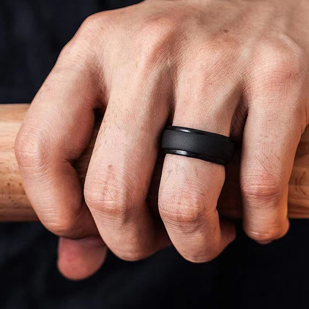 US 1-2 Pcs Men's Black Polish 9mm Silicone Wedding Ring Band Rubber Engagement