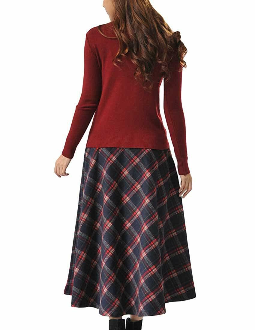 MFrannie Women's Thicken Wool Fashional Classy Grid Long Skirt With Pocket Fine