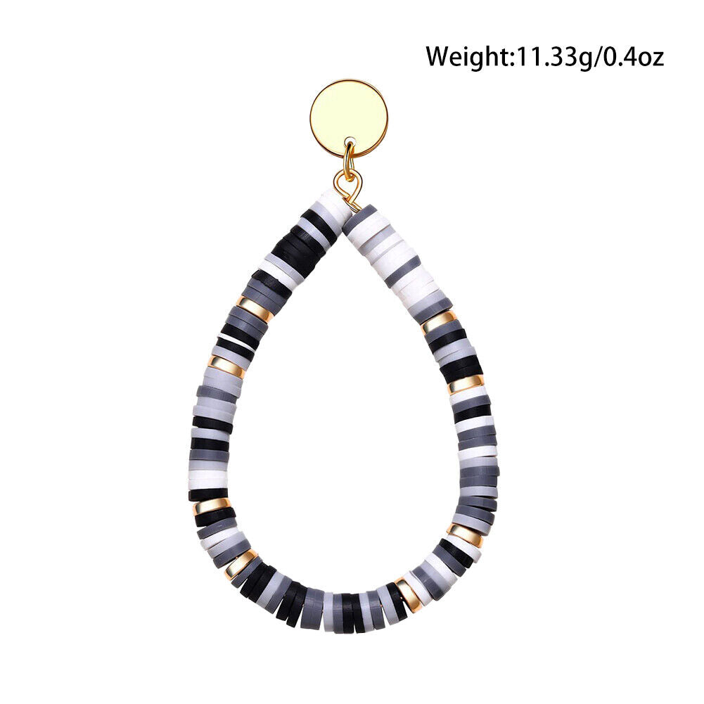 US 1-2Pairs Women Heishi Drop Earring Rainbow Vinyl Disc Bead Dangle Lightweight