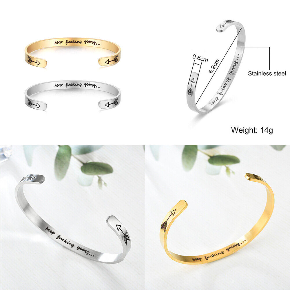 US 2-4 Pack Bangle Bracelet Open Cuff Inspirational Keep Going Letter Engraved