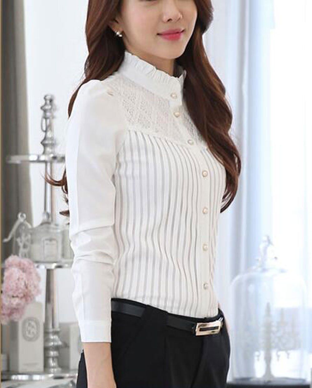 Womens Vintage Collared Button Down Shirt Long Sleeve Lace Stretch Blouse