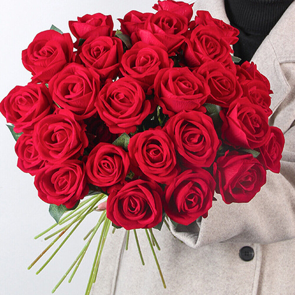 US 20 Pc Red Silk Roses Artificial Flowers Realistic Bouquet HomeDecor Xmas Gift