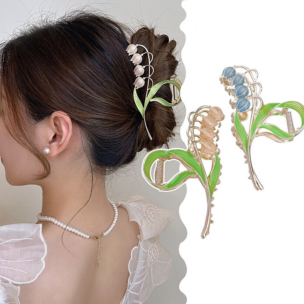 US 1~2Pcs Large Floral Flower Enamel Lily of The Valley Blossom String Hair Claw