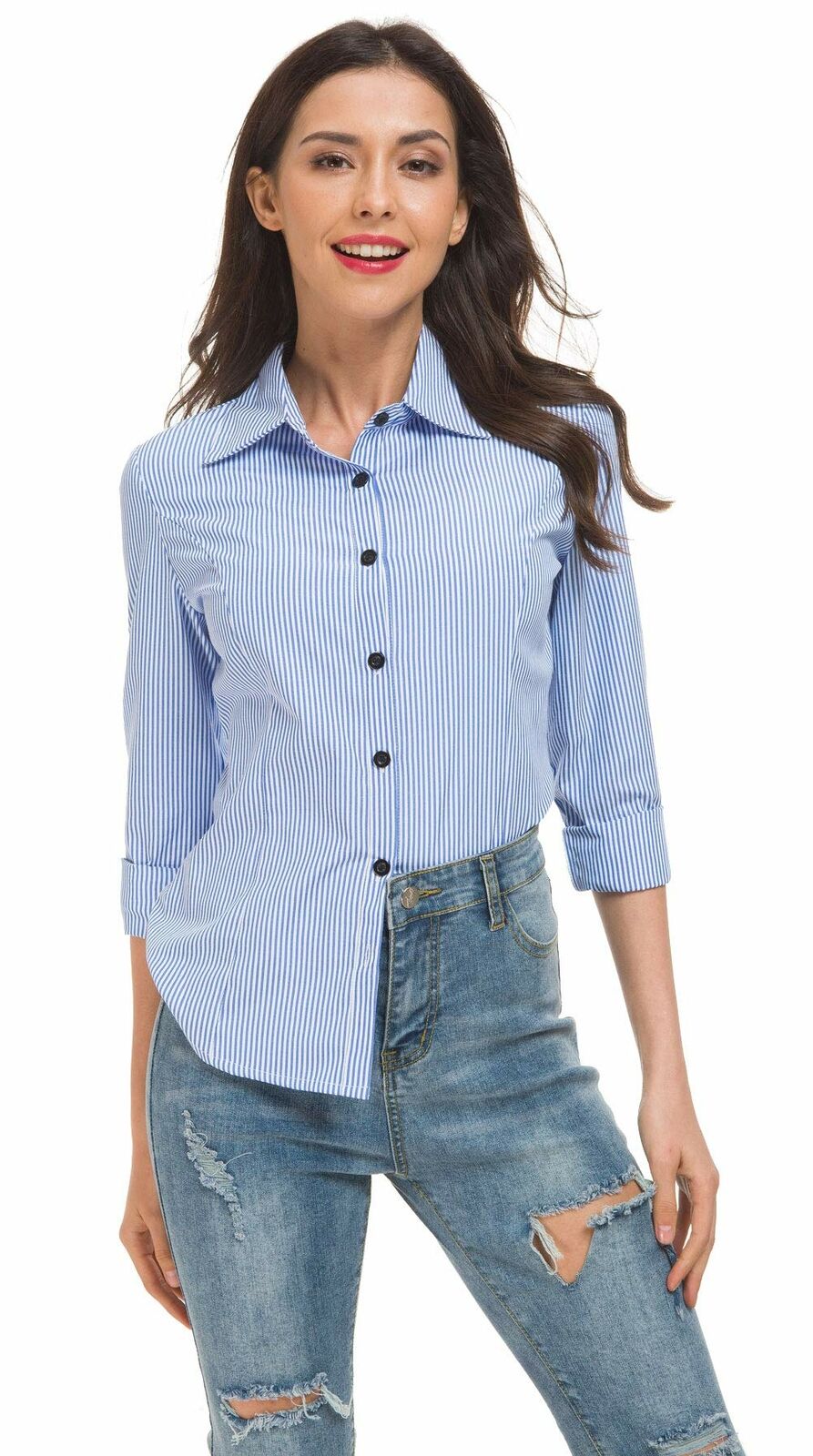 Women's Basic Tailored Vertical Stripes Button Down Shirt Long Sleeve  Blouse