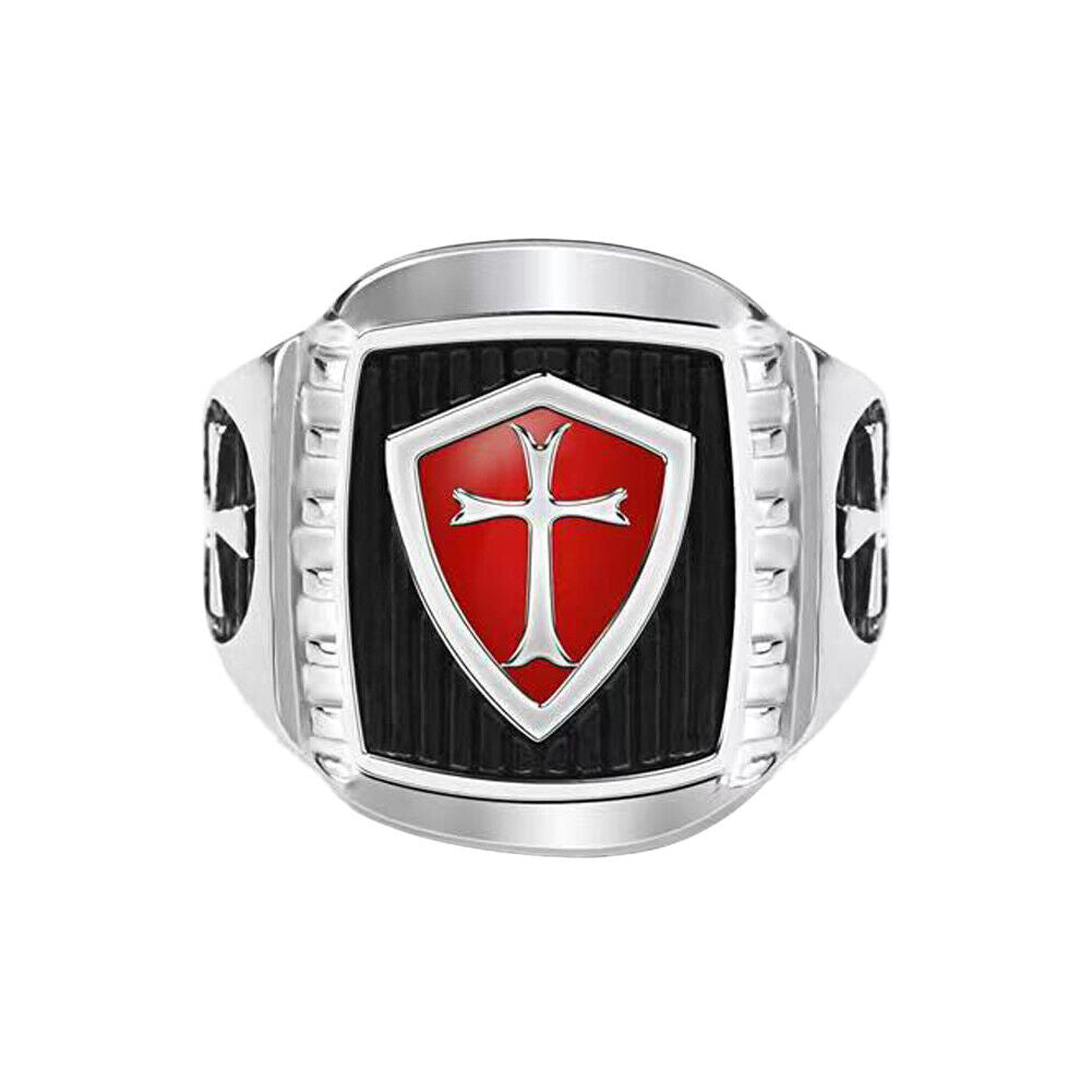 US 1-2 Pack Mens Shield Cross Knights Templar Ring Silver Stainless Steel