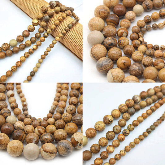 US 6/8/10 MM Picture Jasper Beads Grade AAA Genuine Natural Gemstone Round Loose
