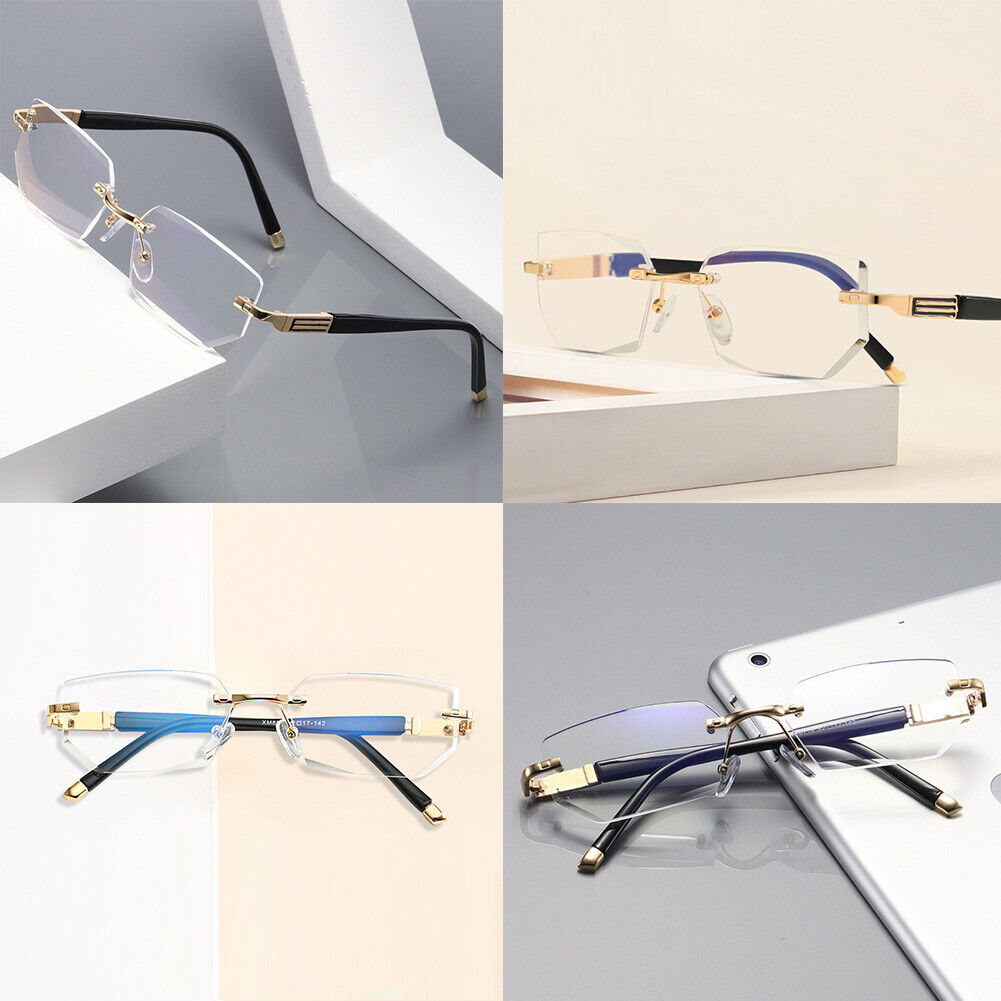 US Mens Diamond Shape Rimless Blue Light Blocking Reading Glasses Metal Readers