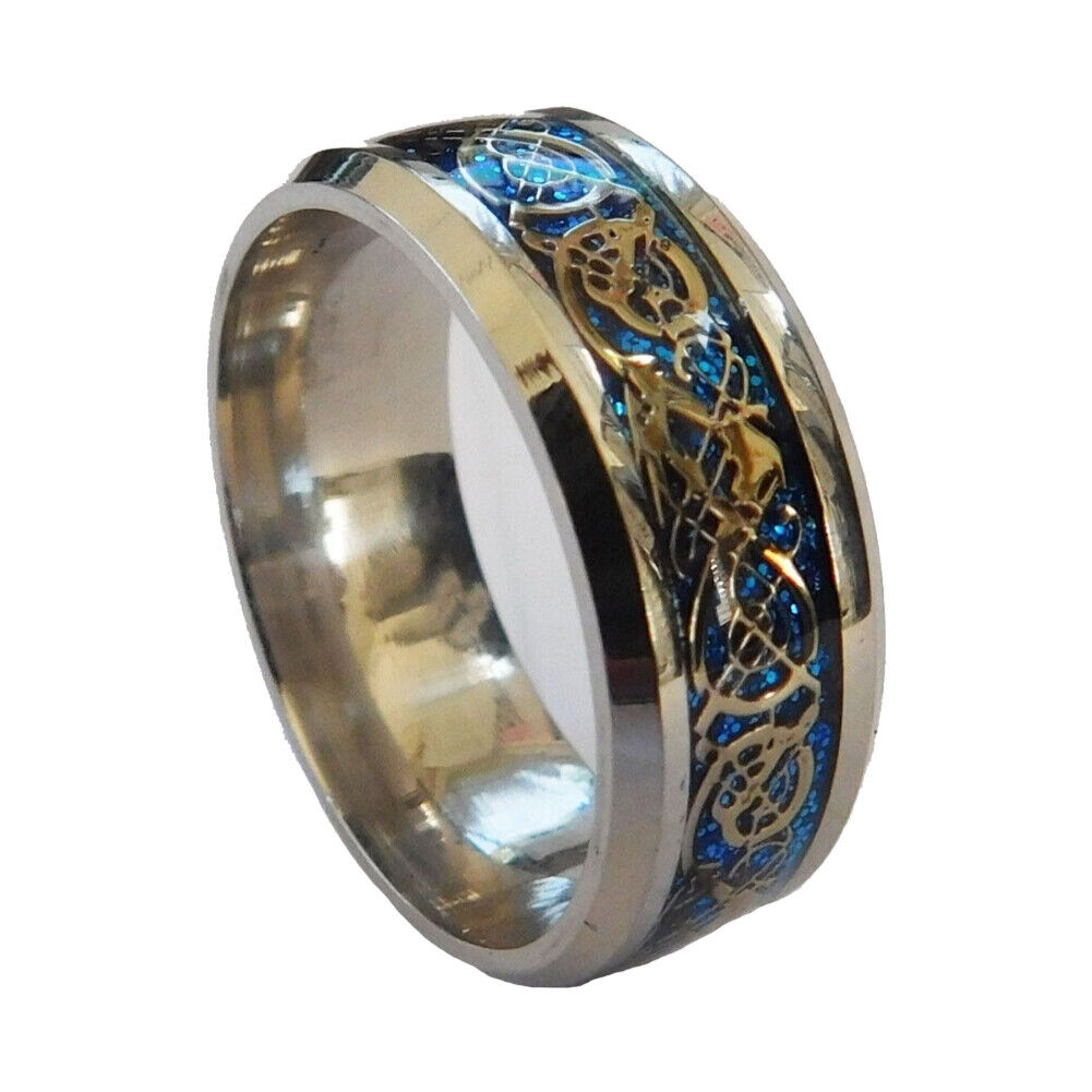 US 2-4 Pc Mens Celtic Blue Stainless Steel Dragon Wedding Band Ring Men Women